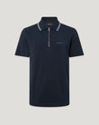 Navy Alloy Tipped polo with a zip placket and pale blue collar trim.