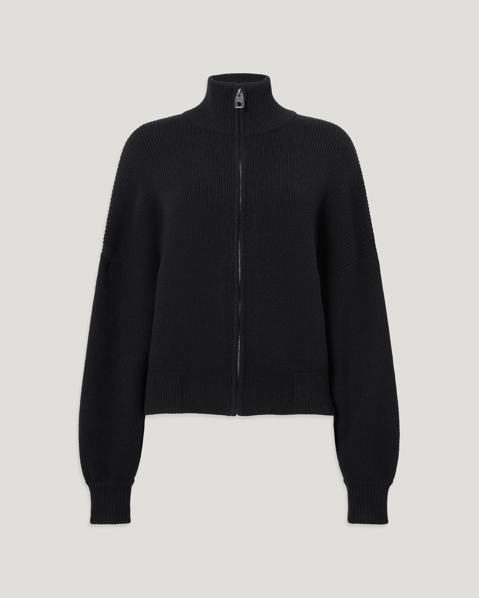 Close up of a black ATOL full zip cardigan in wool and cashmere with a high ribbed collar and silver zipper