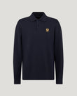 Navy Belstaff long sleeve polo with textured cotton piqué and gold phoenix logo on the left chest