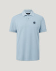 Close up of Mist Blue Belstaff polo with collar and small crest patch on chest