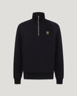 Black Belstaff quarter zip sweatshirt with high collar and crest badge on the left chest.