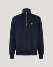 Dark navy Belstaff quarter zip sweatshirt with a high collar and crest patch on the left chest.