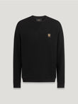 Black Belstaff sweatshirt with V neck stitching and a small chest logo patch.