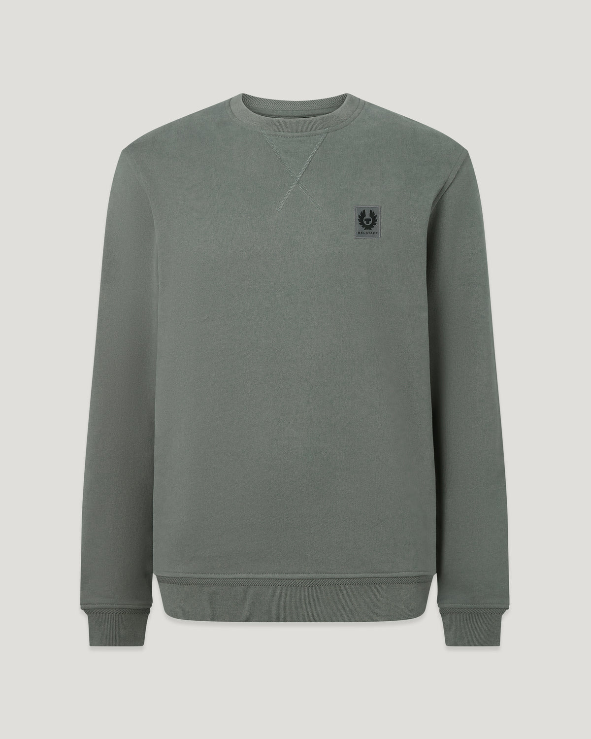 Front close up of Atlantic Grey Belstaff sweatshirt with small chest logo patch