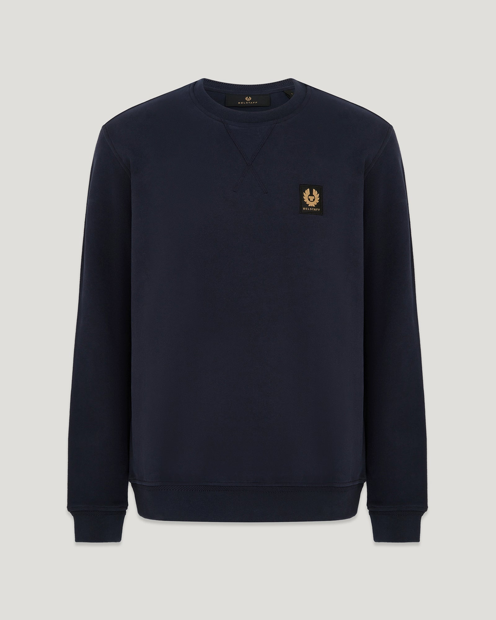 Dark ink Belstaff sweatshirt with a chest patch and V neck stitching.