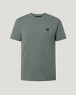 Close up of an Atlantic Grey BELSTAFF T shirt with a small chest patch logo
