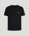 Black Belstaff T-shirt with small gold phoenix badge on the chest.