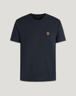Navy Belstaff T-shirt with a small bronze crest patch on the left chest