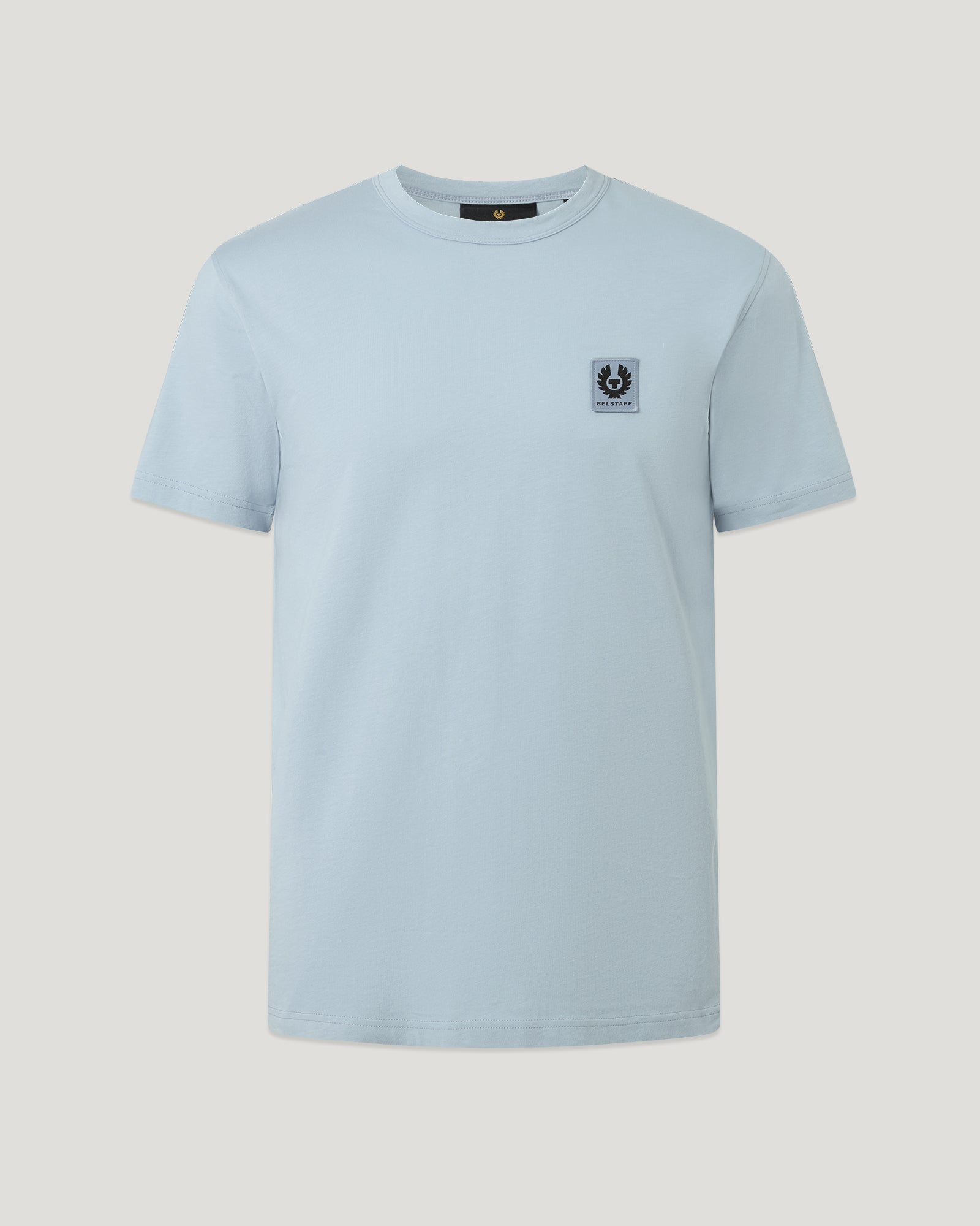 Light blue Belstaff crew-neck T-shirt with a small embroidered logo patch on the chest