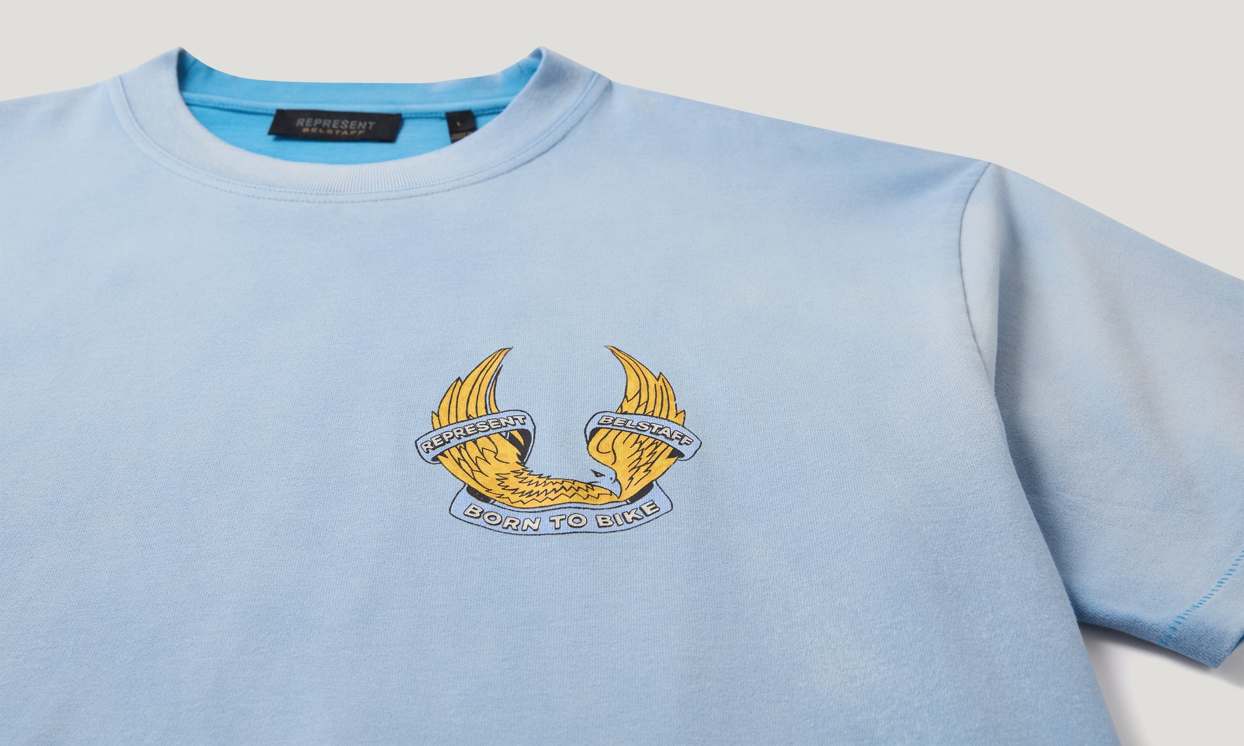 BELSTAFF X REPRESENT BORN TO BIKE T-SHIRT - Washed Blue