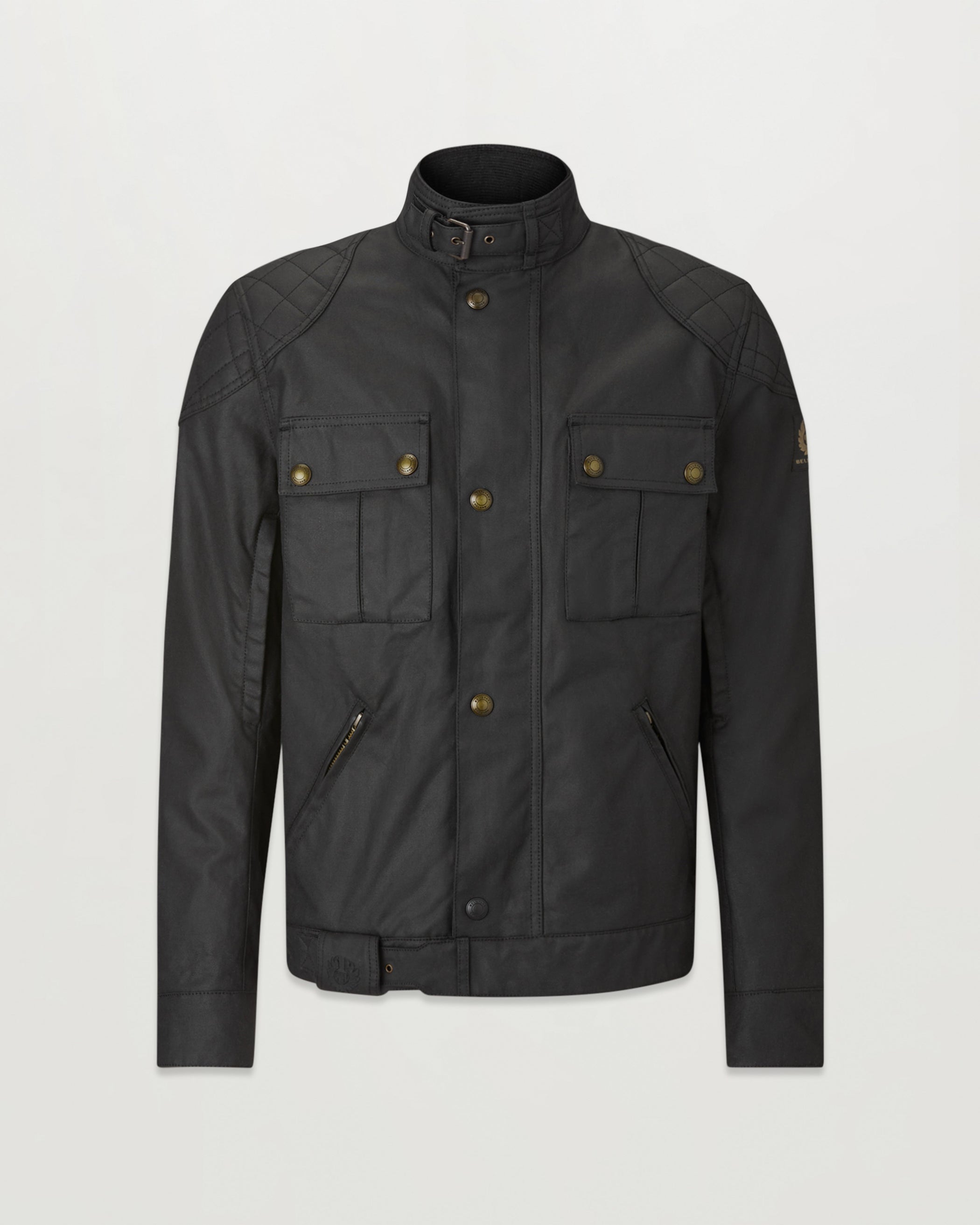 Front view of Brooklands motorcycle jacket with quilted shoulder panels and brass hardware.