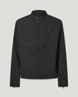 Close up of black alpha nylon Chase jacket showing a stand collar, centered front zipper and angled chest zip pocket