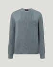 Atlantic Grey Commander crew-neck jumper on a model showing a ribbed chest panel and soft knit texture