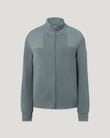 Close up of the Atlantic Grey Commander full zip cardigan showing the ribbed collar and center zipper