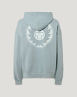 Back view of a mist blue hoodie with a large white winged emblem on the back.