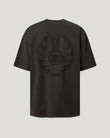 Back view of a dark charcoal Competition Momentum T shirt with a large faded graphic on the back.