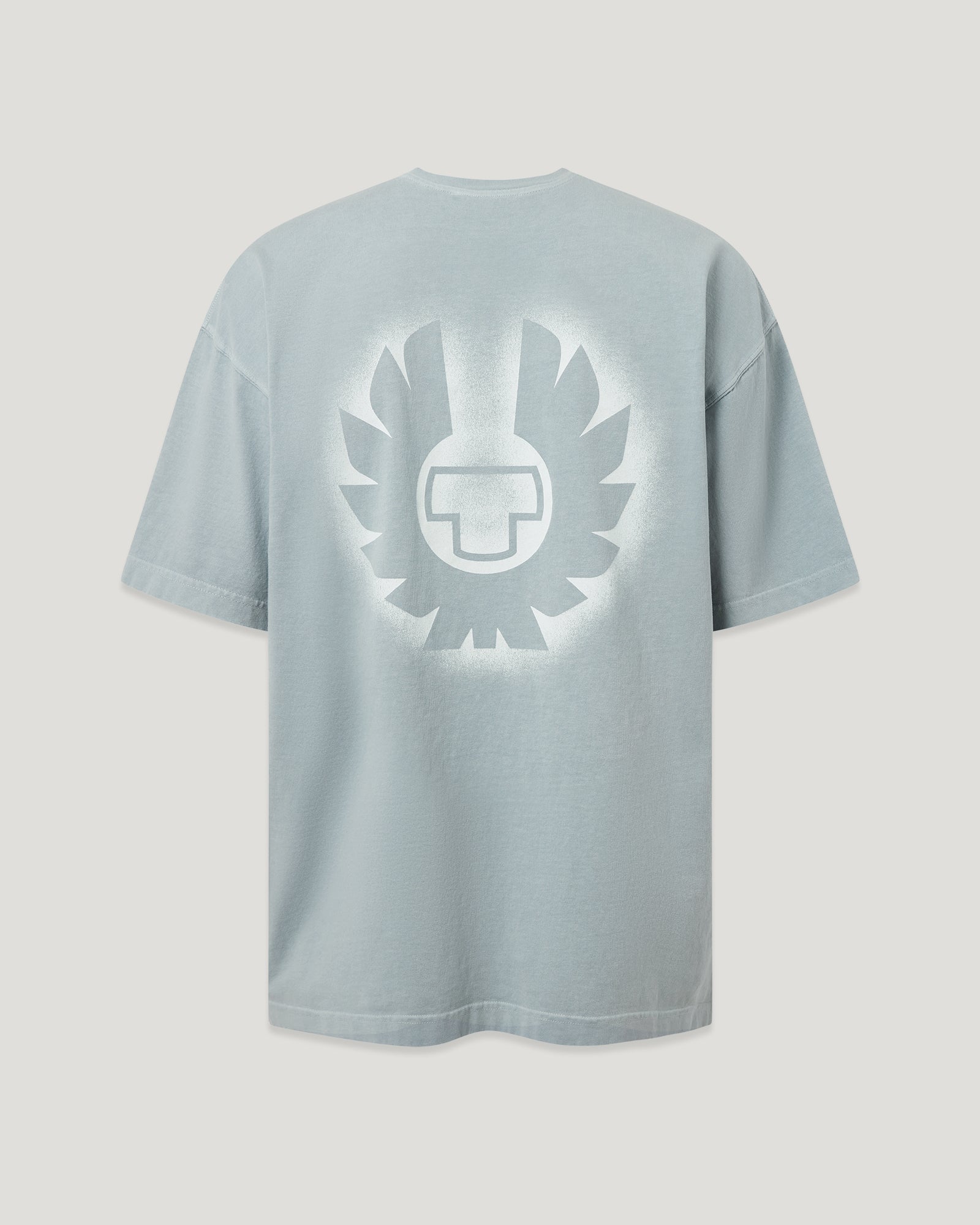 Back view of a Mist Blue Momentum T shirt featuring a large white sunburst emblem on the back.