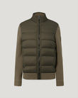 Front view of olive green down cardigan with quilted body and knit sleeves