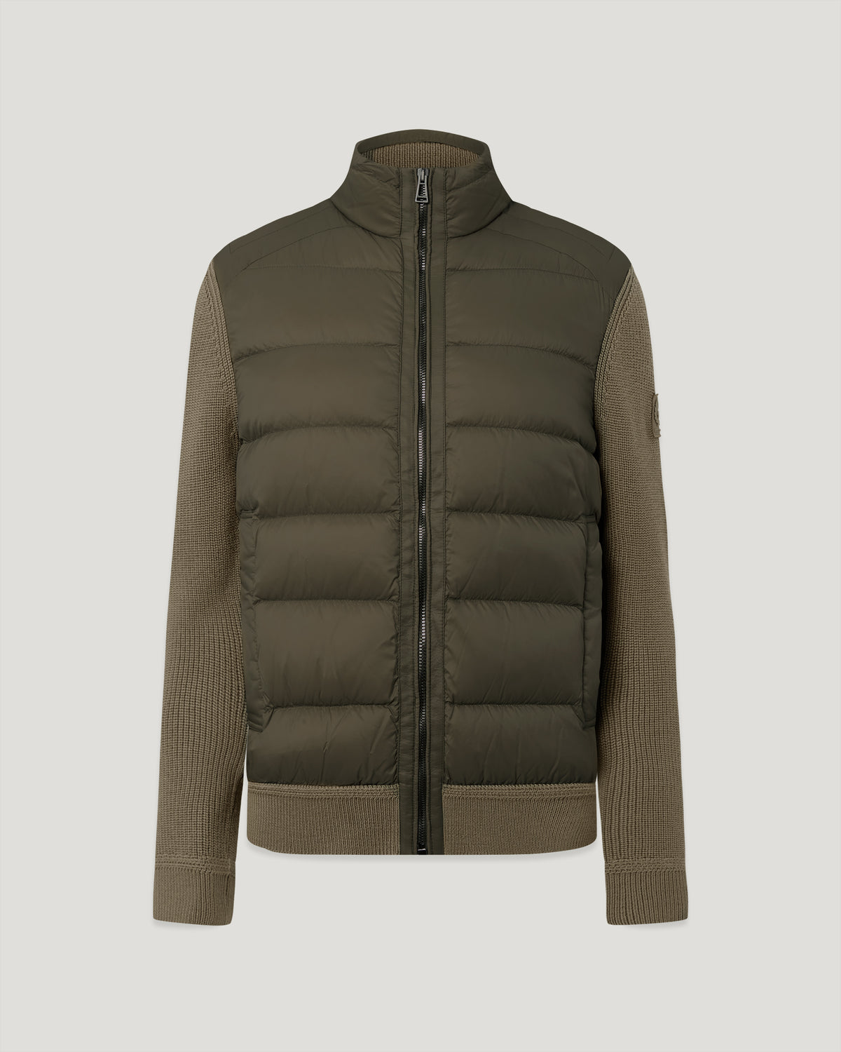 Front view of olive green down cardigan with quilted body and knit sleeves