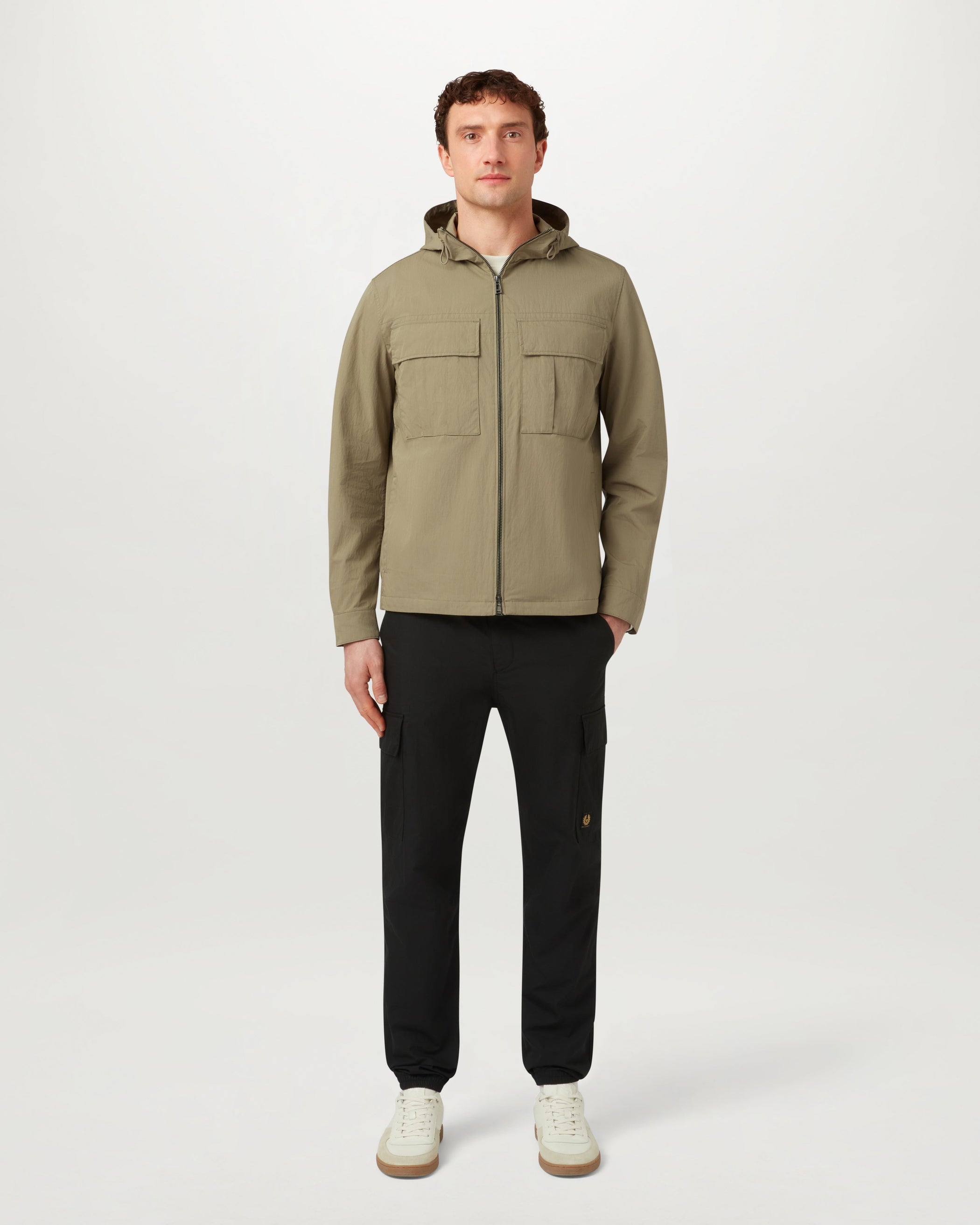 Container overshirt in Fatigue Green with hood and pleated Belstaff utility pockets.