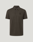 Close up of Curator Polo in Army Olive with collar and chest embroidery patch