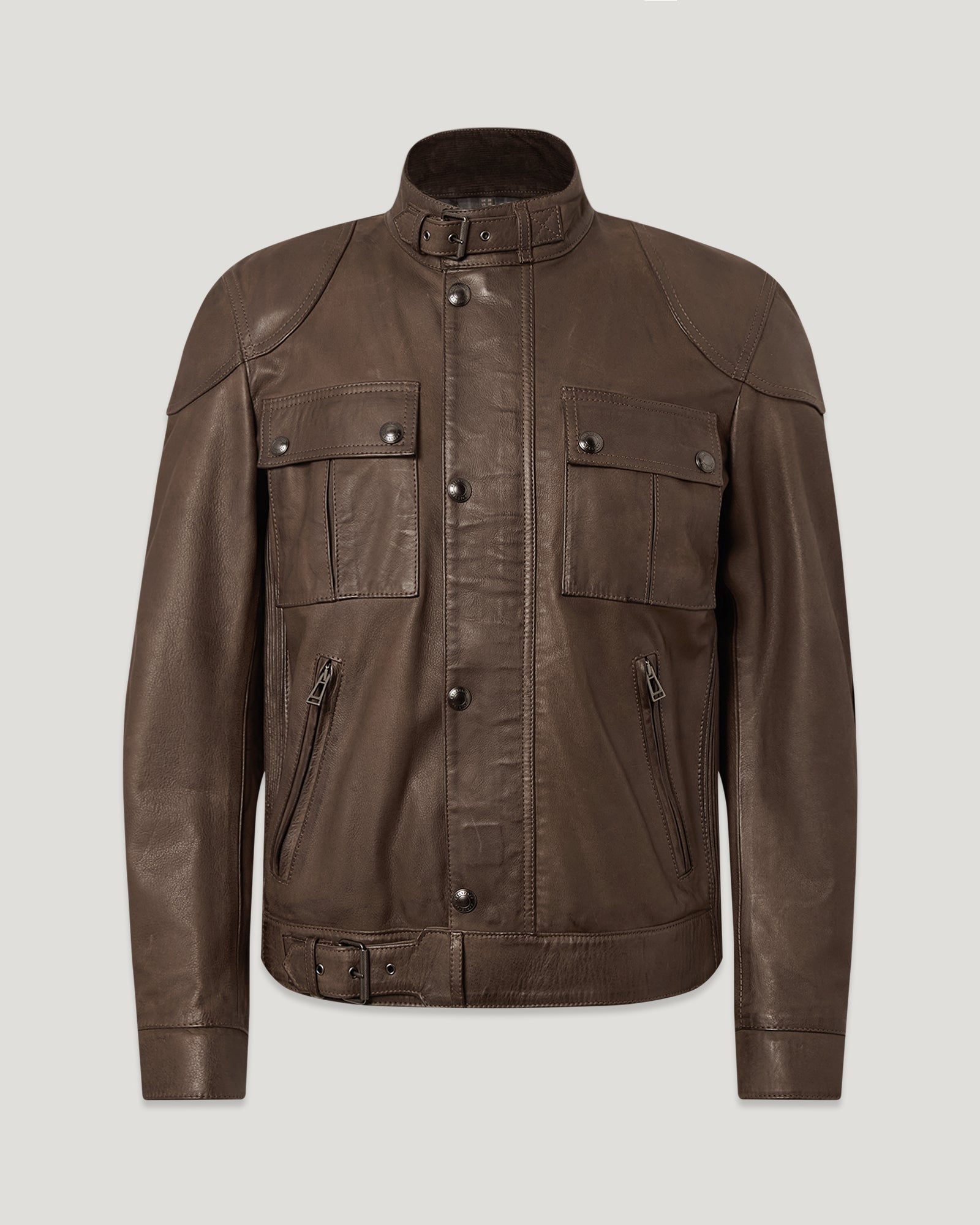 Brown leather Gangster Jacket featuring a buckle collar two chest pockets and front closures.