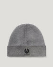 Concrete Garment Dye Aspect Beanie with ribbed knit and Belstaff antique brass plaque.