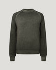 Male model wearing dark gray garment dye crew neck sweater, front view.