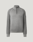 Front view of a gray garment dye quarter zip sweater with a zipped collar