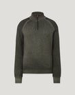 Charcoal garment dyed quarter zip knit sweater with stand collar on a model