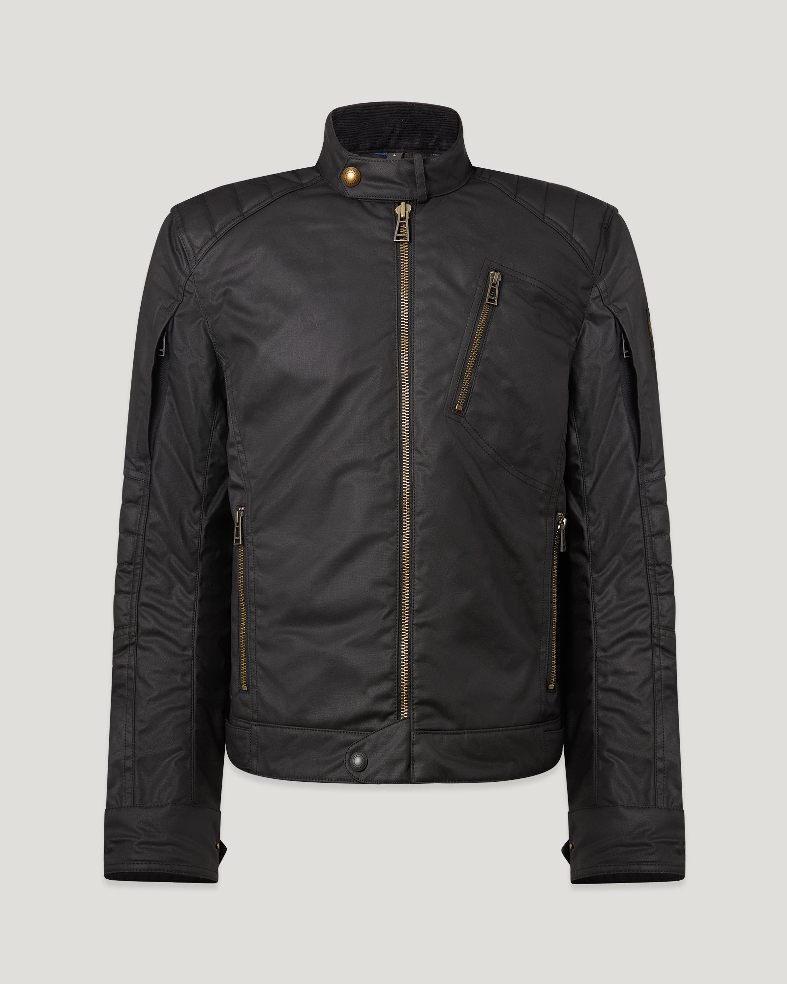 Black Humber motorcycle jacket with gold zippers and quilted shoulder panels.