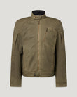 Olive Humber Motorcycle Jacket in waxed cotton with zip front, chest pocket and rugged riding details.