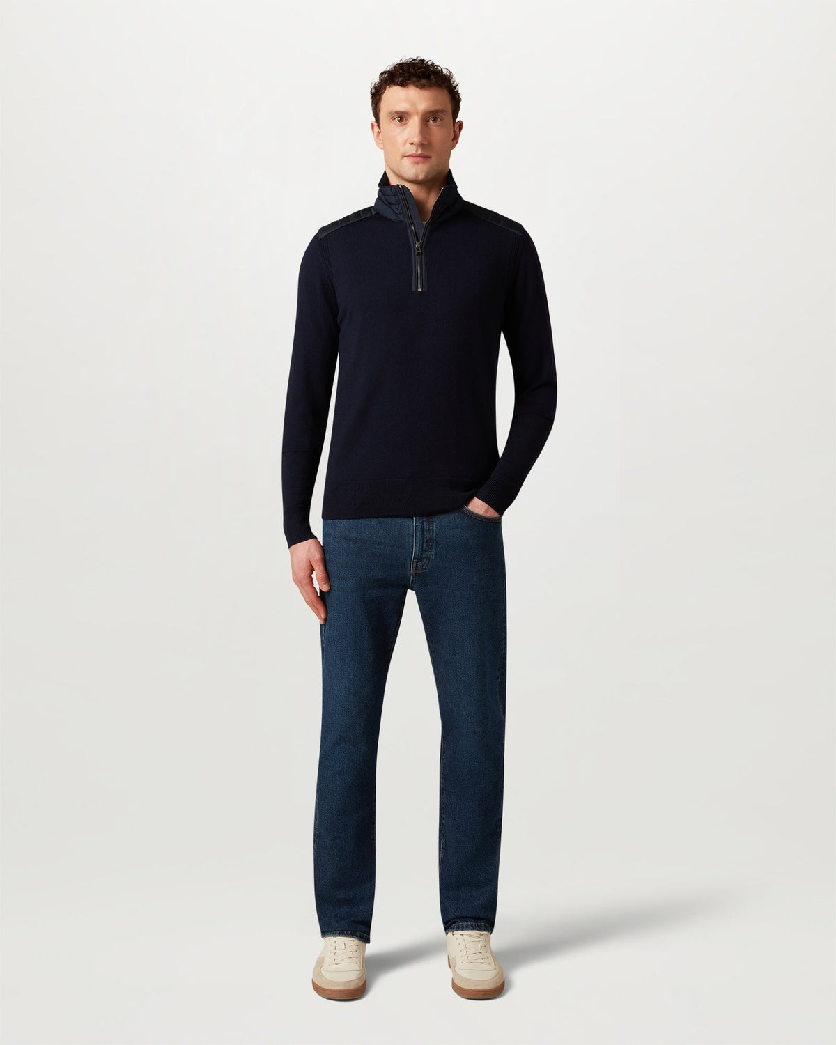 Model in Dark Ink Kilmi ngton quarter zip jumper with quilted shoulders and jeans