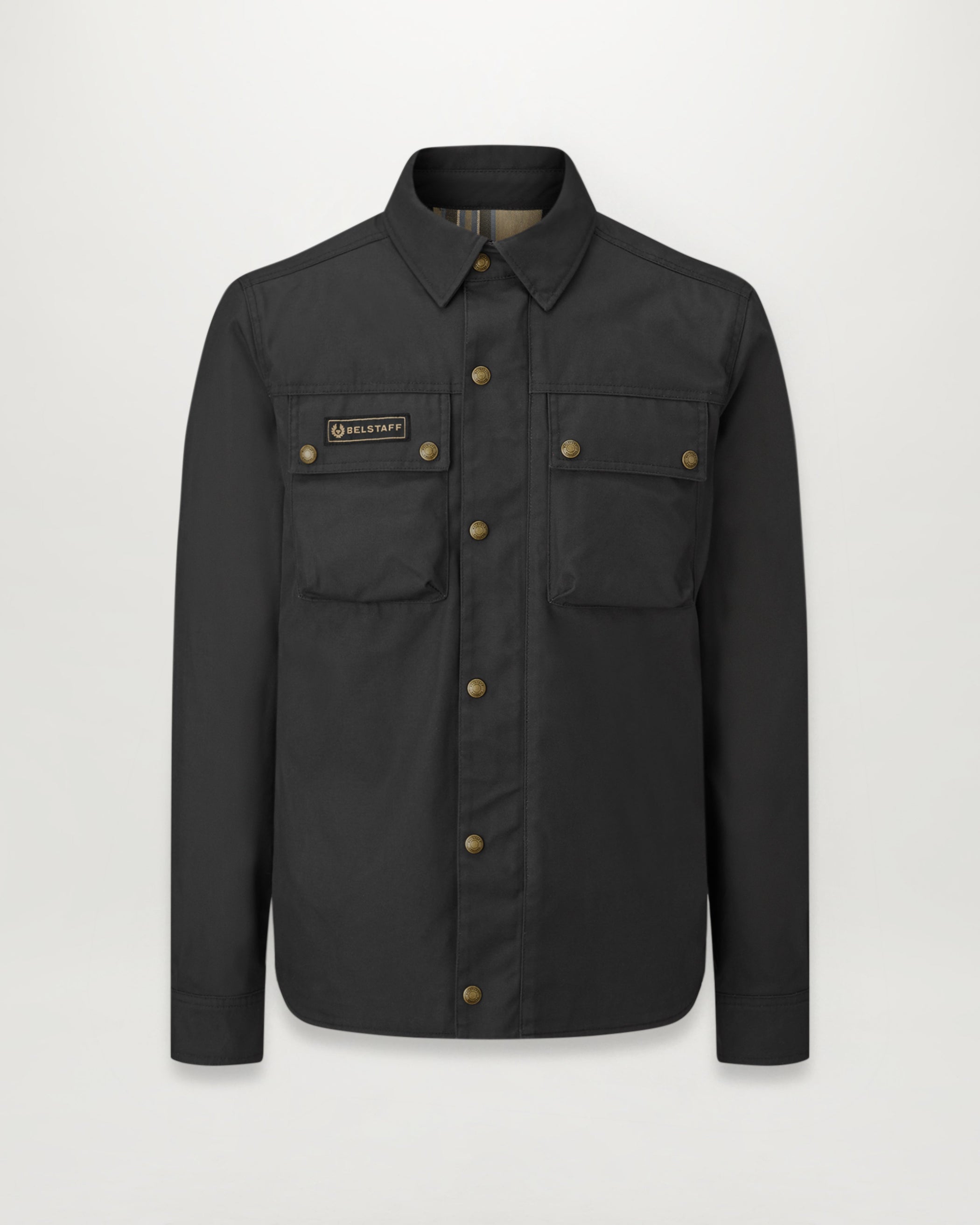 Black Mansion Motorcycle Shirt featuring front pockets with button closures and a Belstaff patch.