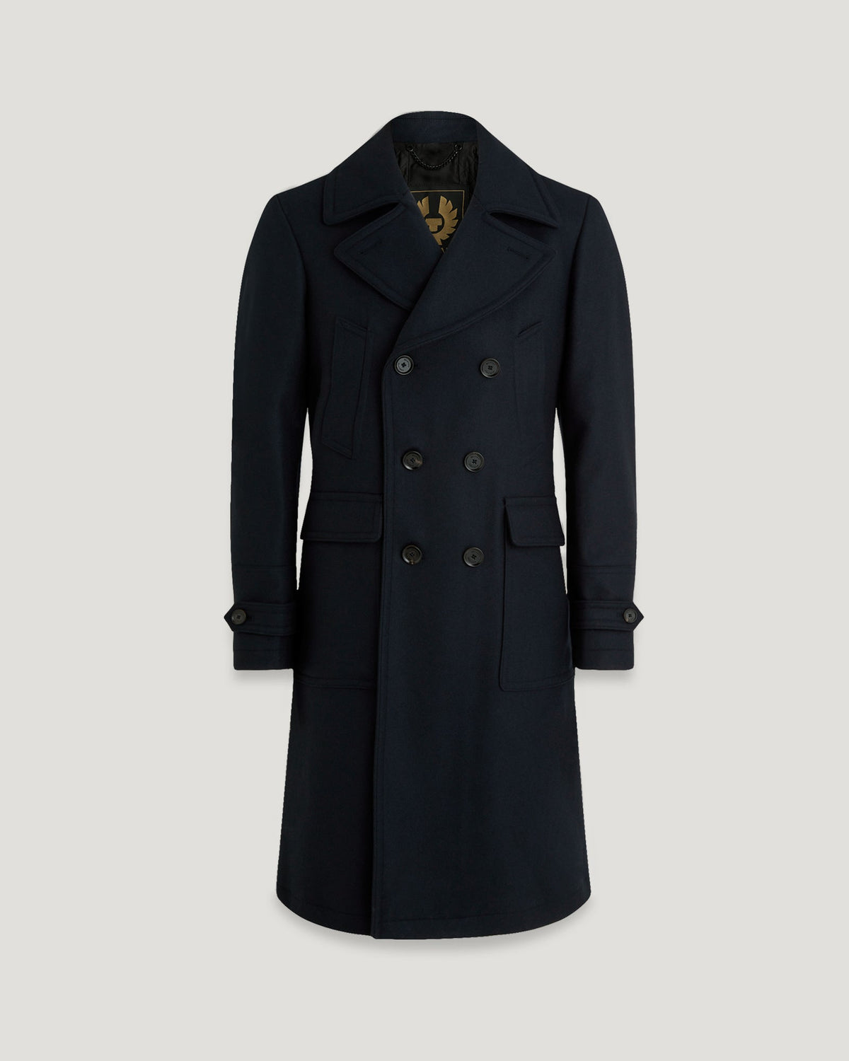 Ink blue Milford coat front view featuring double-breasted buttons