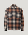 Front view of the Outpost shirt brushed cotton flannel in brown gray plaid with chest pockets