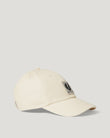 Pale stone cap with a square logo patch on the front panel and curved brim
