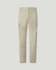 Pale Stone Route Cargo trousers on a model, highlighting the brushed cotton twill finish and cargo pockets.