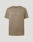 Dusty taupe STEEL T-SHIRT on a model with crewneck and a small chest logo patch.