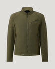 Olive Belstaff Tamar motorcycle jacket close up of front showing center zipper and angled chest pocket