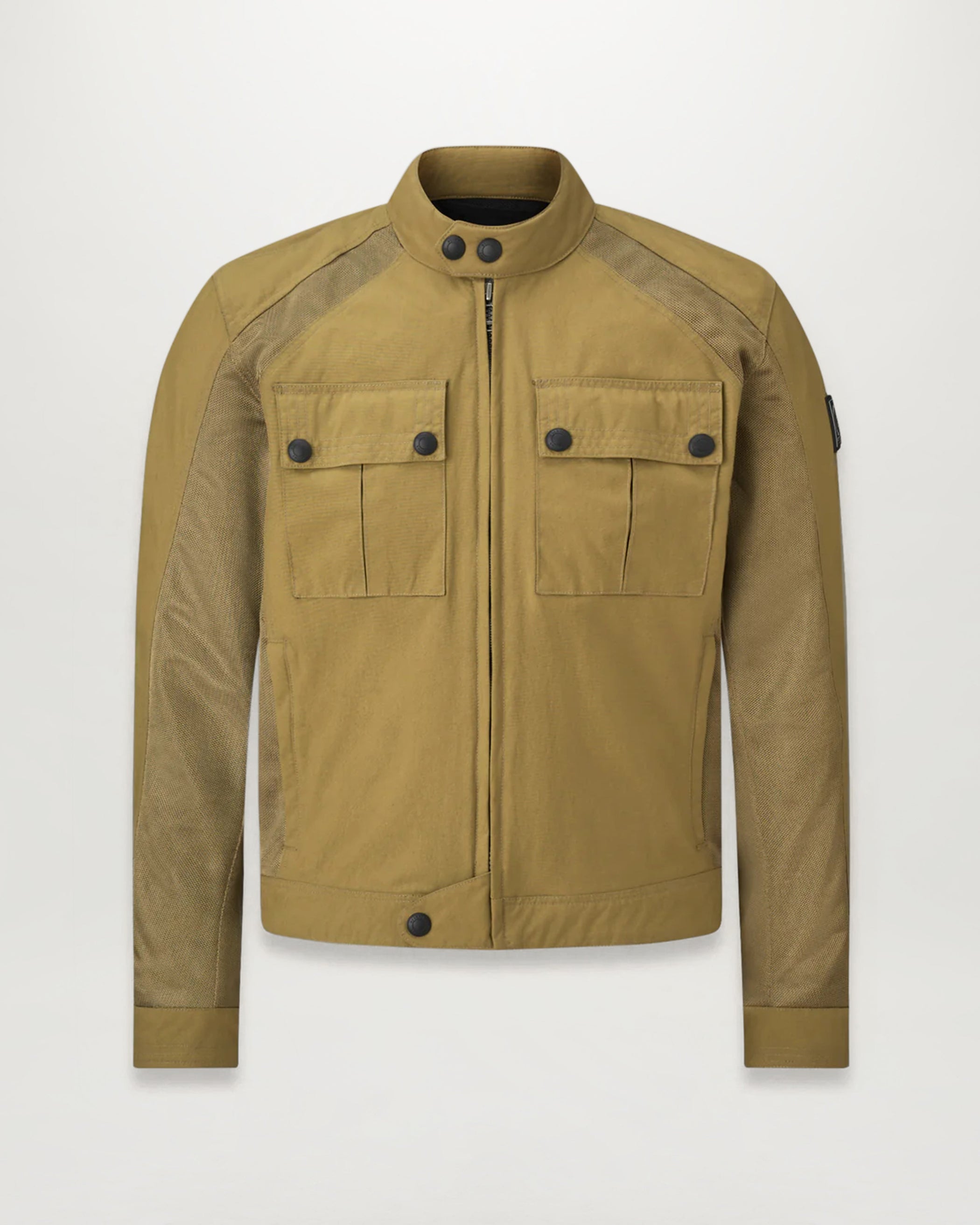 Model wearing olive Temple Motorcycle Jacket with front zipper and two chest pockets with flaps