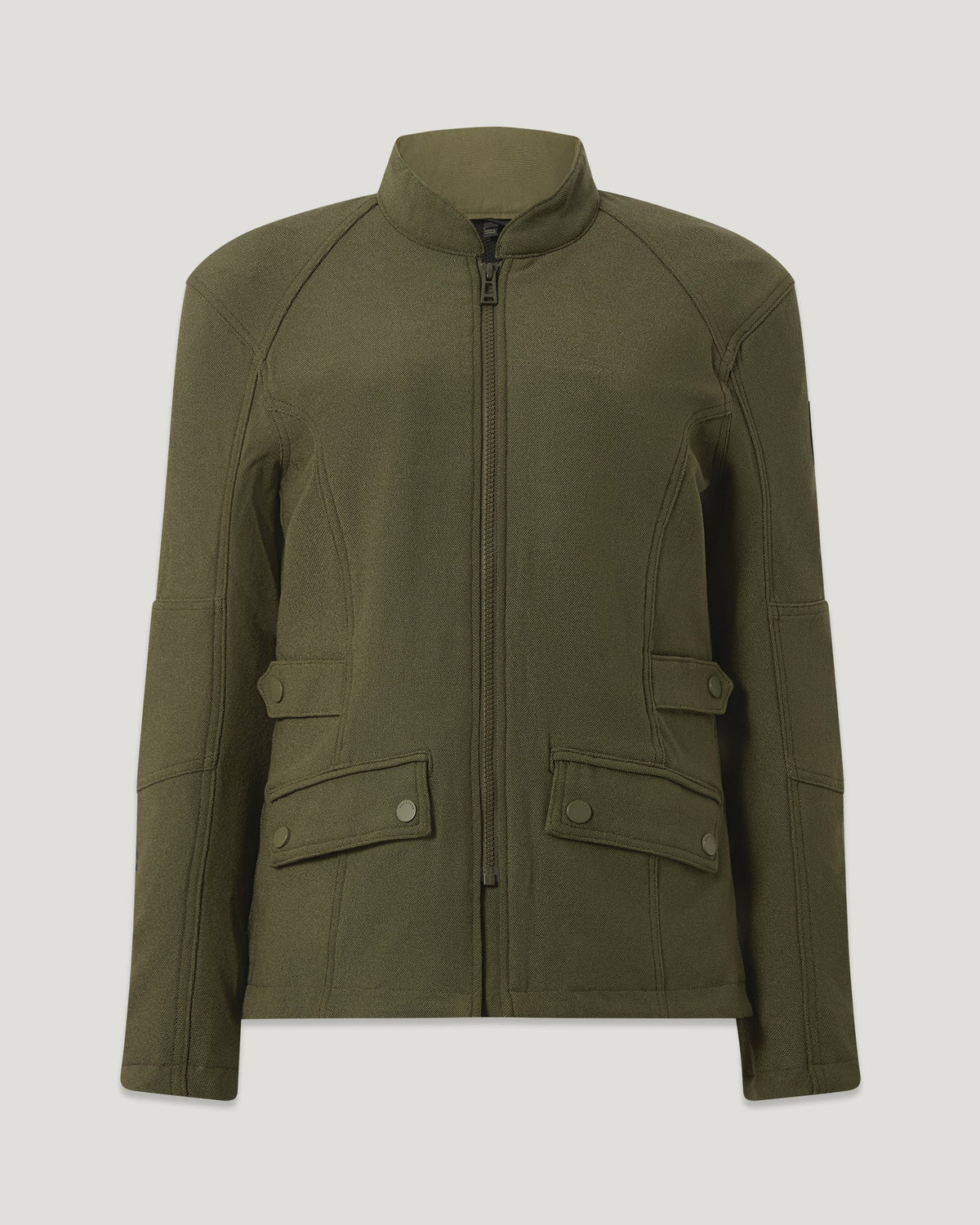 Trent Motorcycle Jacket in True Olive viewed from the front with a full zipper and reinforced shoulder seams.