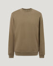 Close-up of Valley garment-dye sweatshirt in Khaki Green, showing the ribbed crew neck and soft washed fabric.