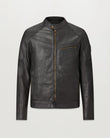 Front close up of black Vanguard motorcycle jacket in leather with central metal zip and chest pocket.