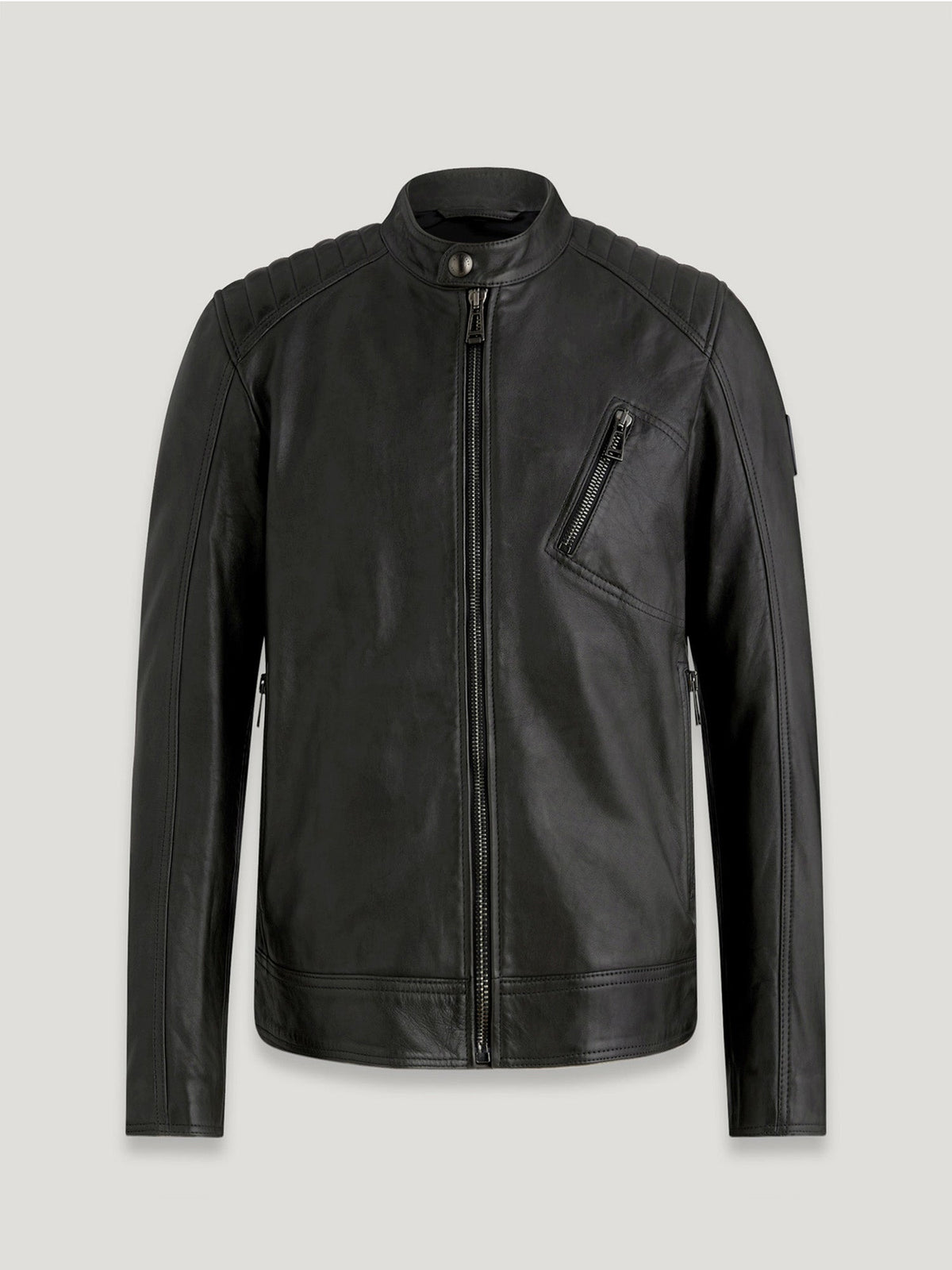 Front view of black V Racer leather jacket with zip front and quilted shoulder detailing