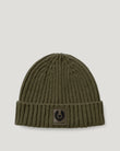 Khaki Green Watch Beanie Hat detail with ribbed knit and Belstaff badge on the cuff