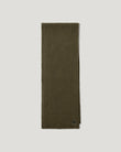 Khaki Watch Scarf in ribbed virgin lambswool folded with brand tag visible.